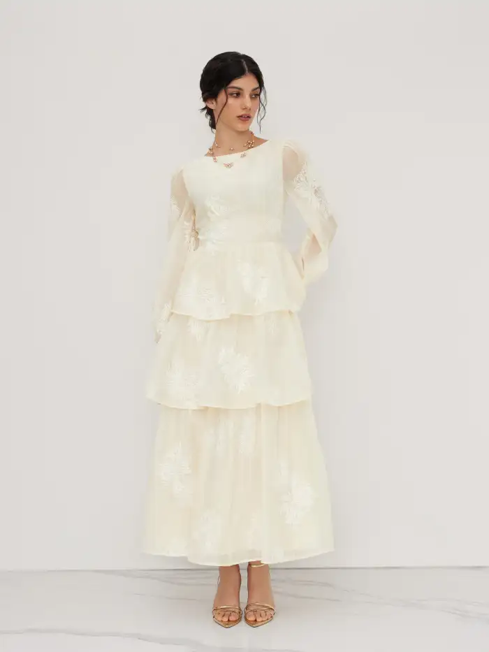 Chiffon High Neck Guipure Pearl Button Maxi Dress