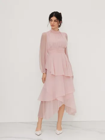 Chiffon Maxikleid mit Stehkragen, Rüschen und asymmetrischem Saum