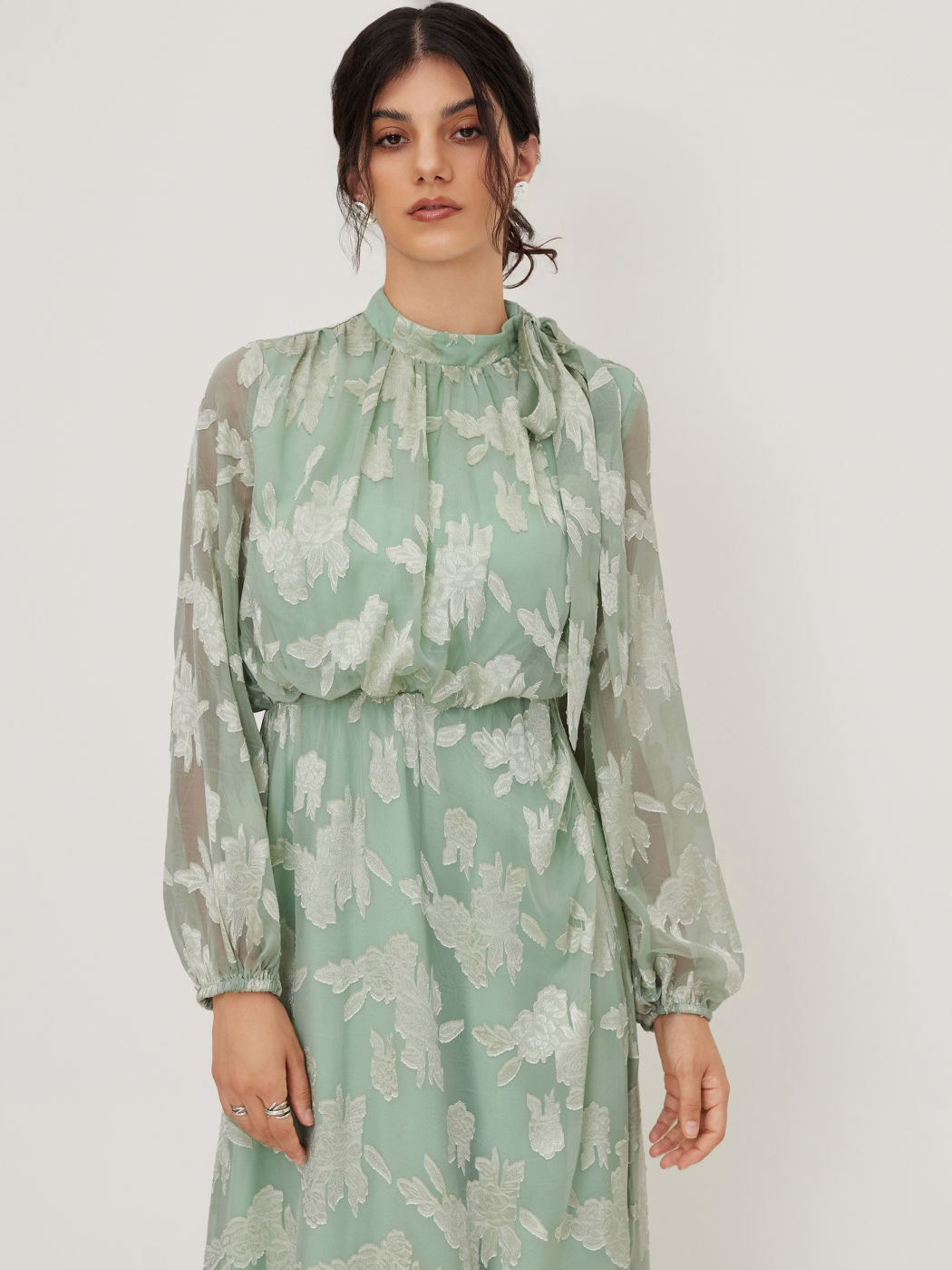 Stand Collar Floral Knotted Cinched Waist Maxi Dress