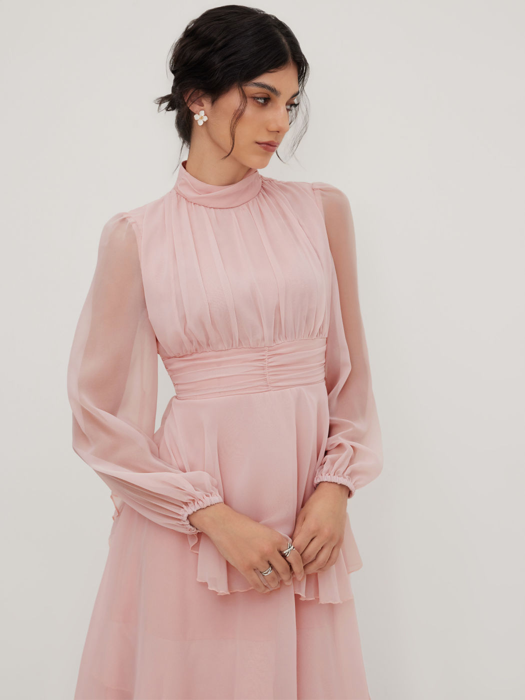 Chiffon Stand Collar Ruched Layered Asymmetrical Hem Maxi Dress