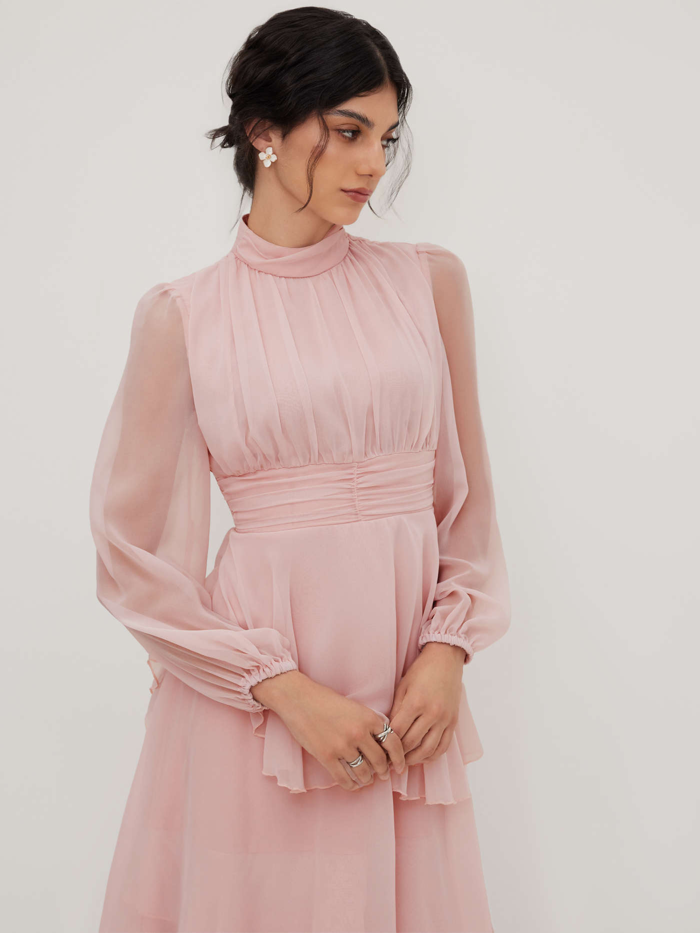 Chiffon Stand Collar Ruched Layered Asymmetrical Hem Maxi Dress
