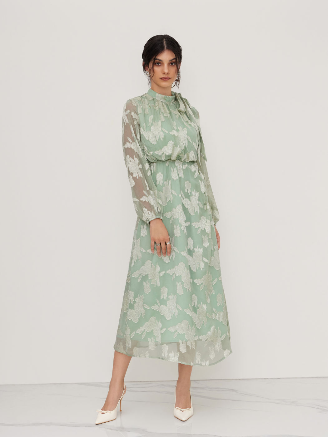 Stand Collar Floral Knotted Cinched Waist Maxi Dress