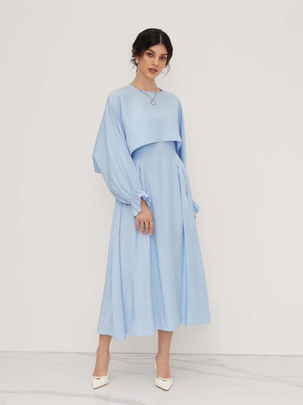 Cotton-blend Ruffle Slip Maxi Dress With Round Neckline Shirred Sleeve Blouse