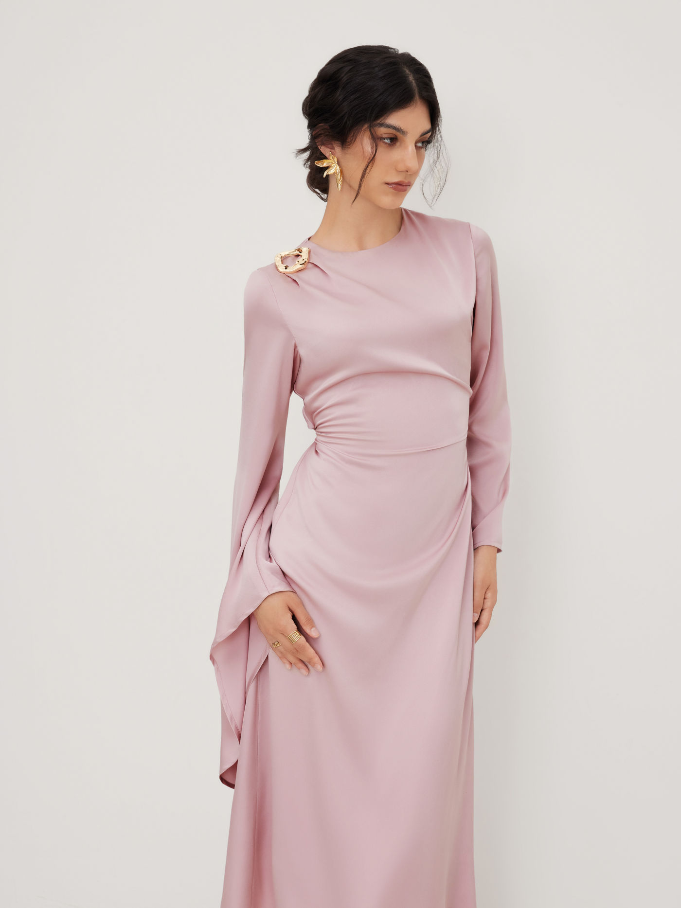 Satin Boat Neck Asymmetrical Sleeve Ruched Metal Detail Maxi Dress