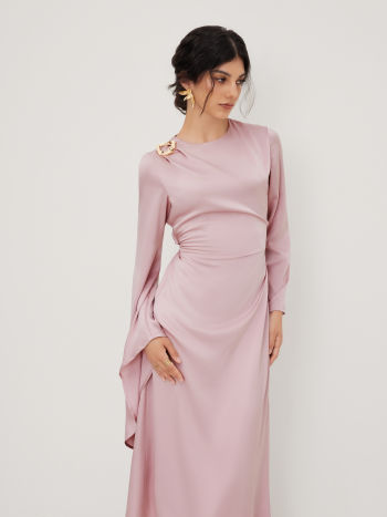 Satin Boat Neck Asymmetrical Sleeve Ruched Metal Detail Maxi Dress