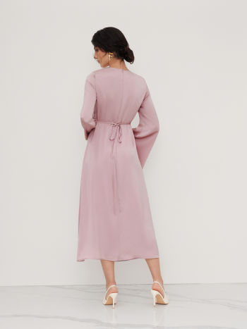 Satin Boat Neck Asymmetrical Sleeve Ruched Metal Detail Maxi Dress