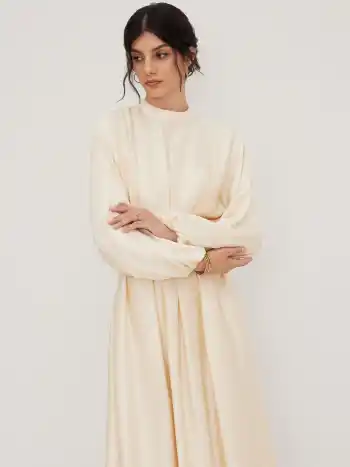 Stand Collar Pleated Cinched Waist Long Sleeve Maxi Dress