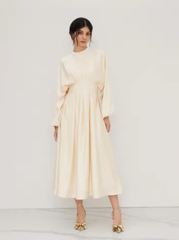 Stand Collar Pleated Cinched Waist Long Sleeve Maxi Dress