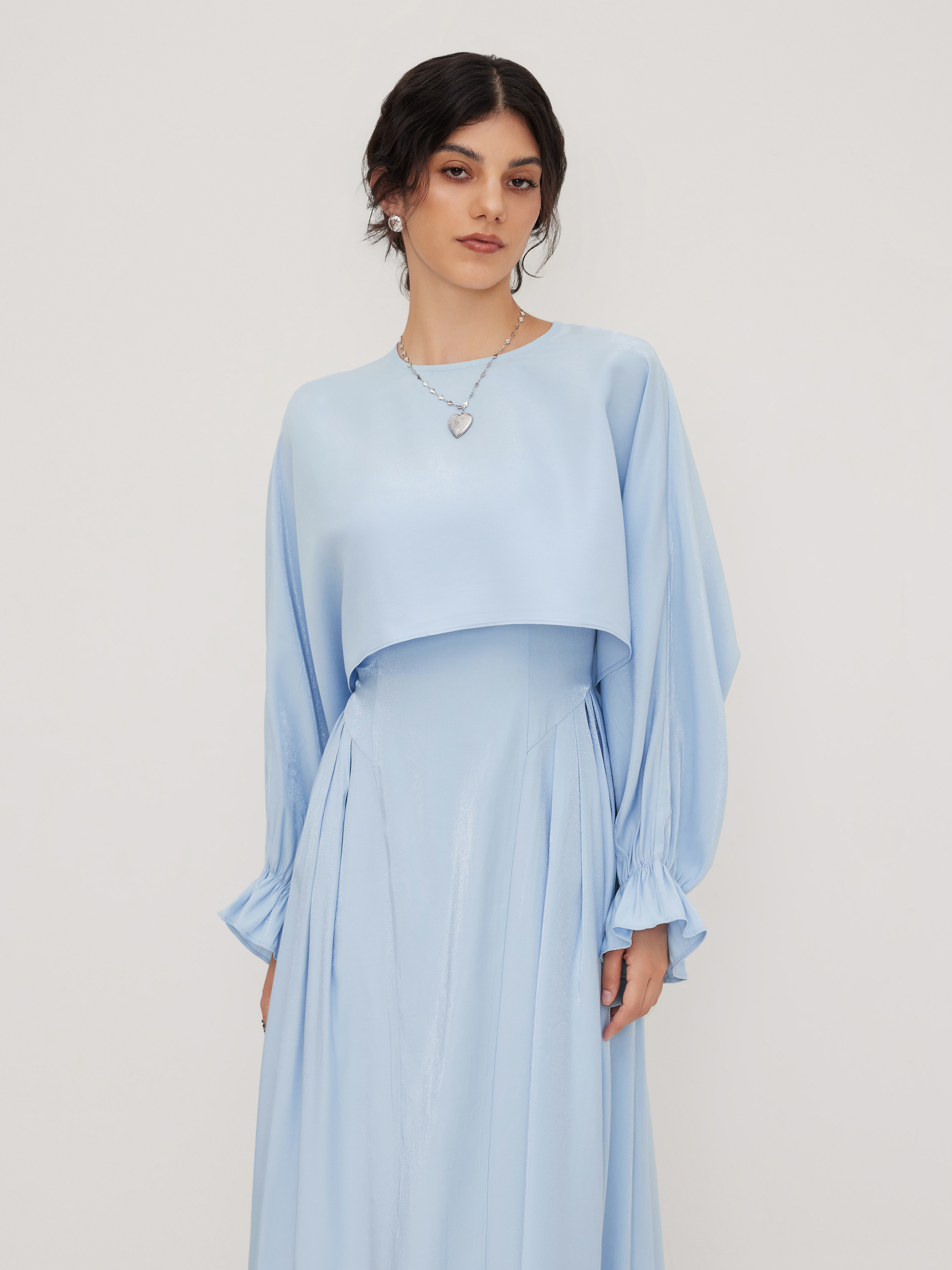 Cotton-blend Ruffle Slip Maxi Dress With Round Neckline Shirred Sleeve Blouse