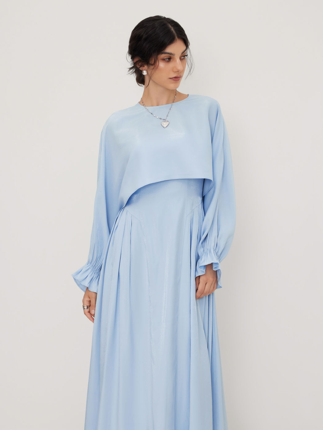 Cotton-blend Ruffle Slip Maxi Dress With Round Neckline Shirred Sleeve Blouse