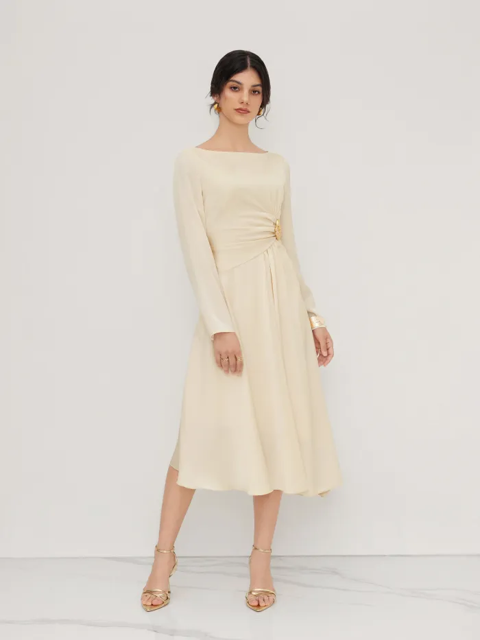 Mesh Boat Neck Floral Ruched Long Sleeve Maxi Dress