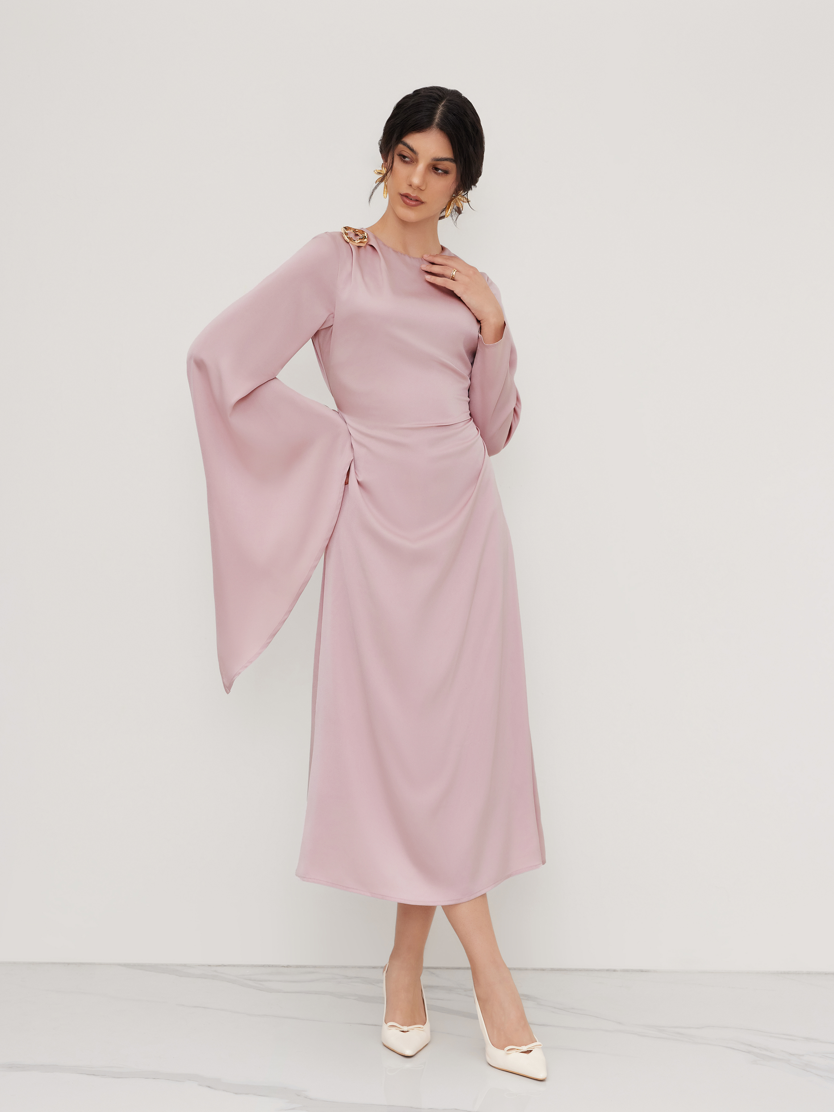 Satin Boat Neck Asymmetrical Sleeve Ruched Metal Detail Maxi Dress