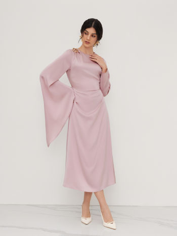 Satin Boat Neck Asymmetrical Sleeve Ruched Metal Detail Maxi Dress