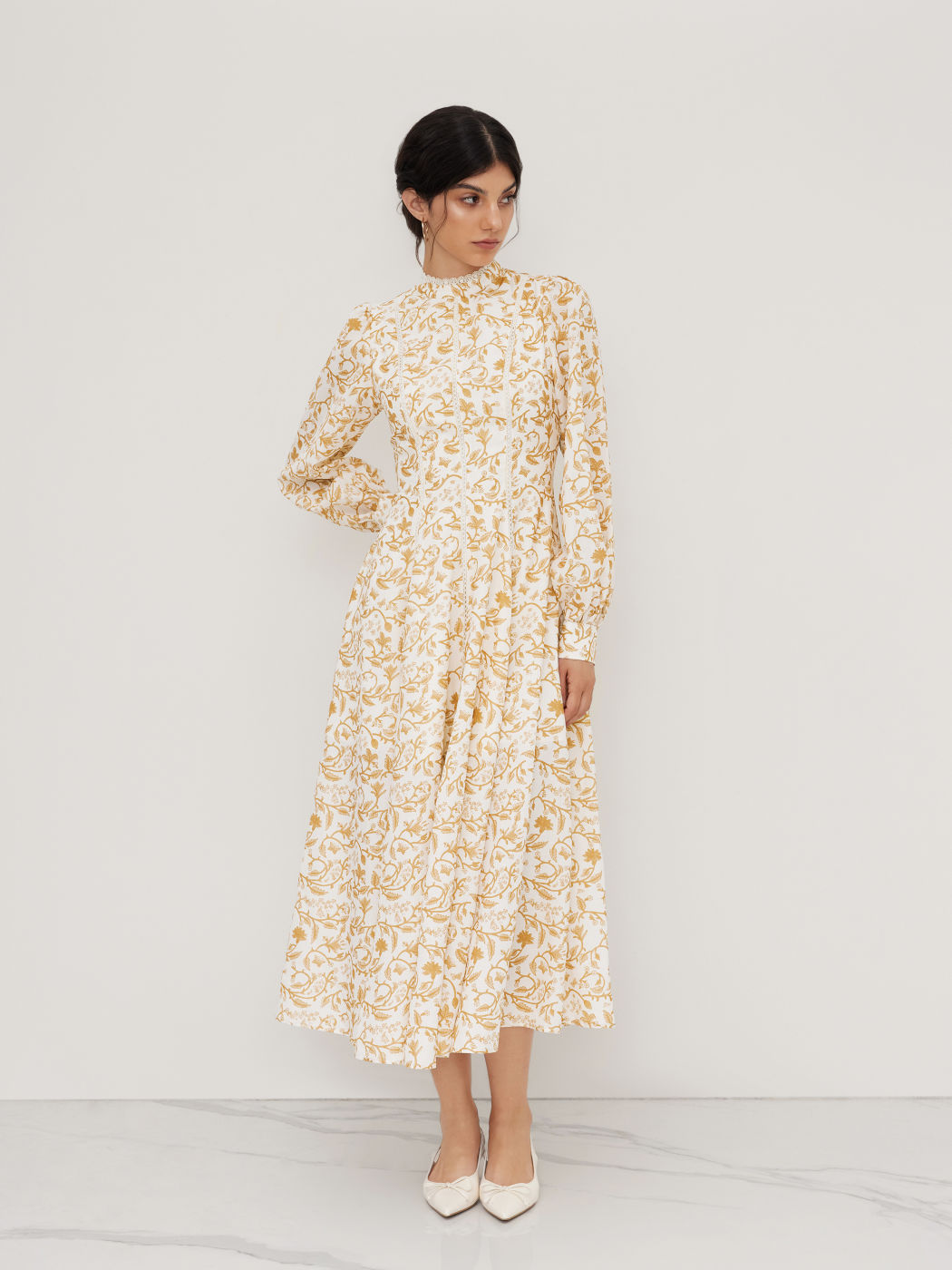 Stand Collar Floral Lettuce Trim Maxi Dress