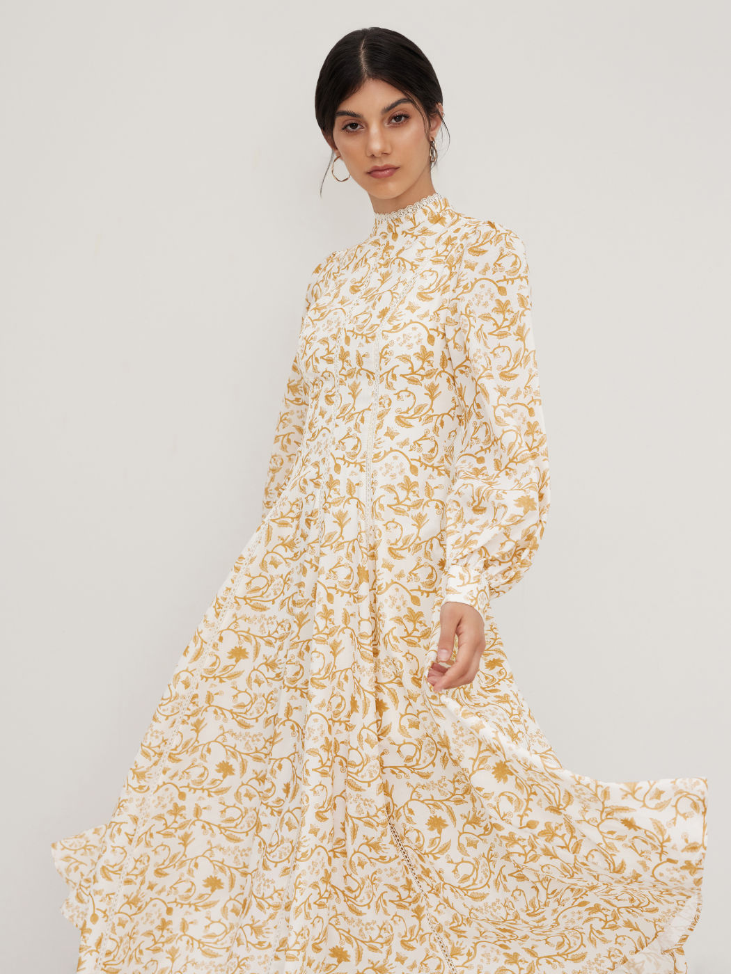 Stand Collar Floral Lettuce Trim Maxi Dress