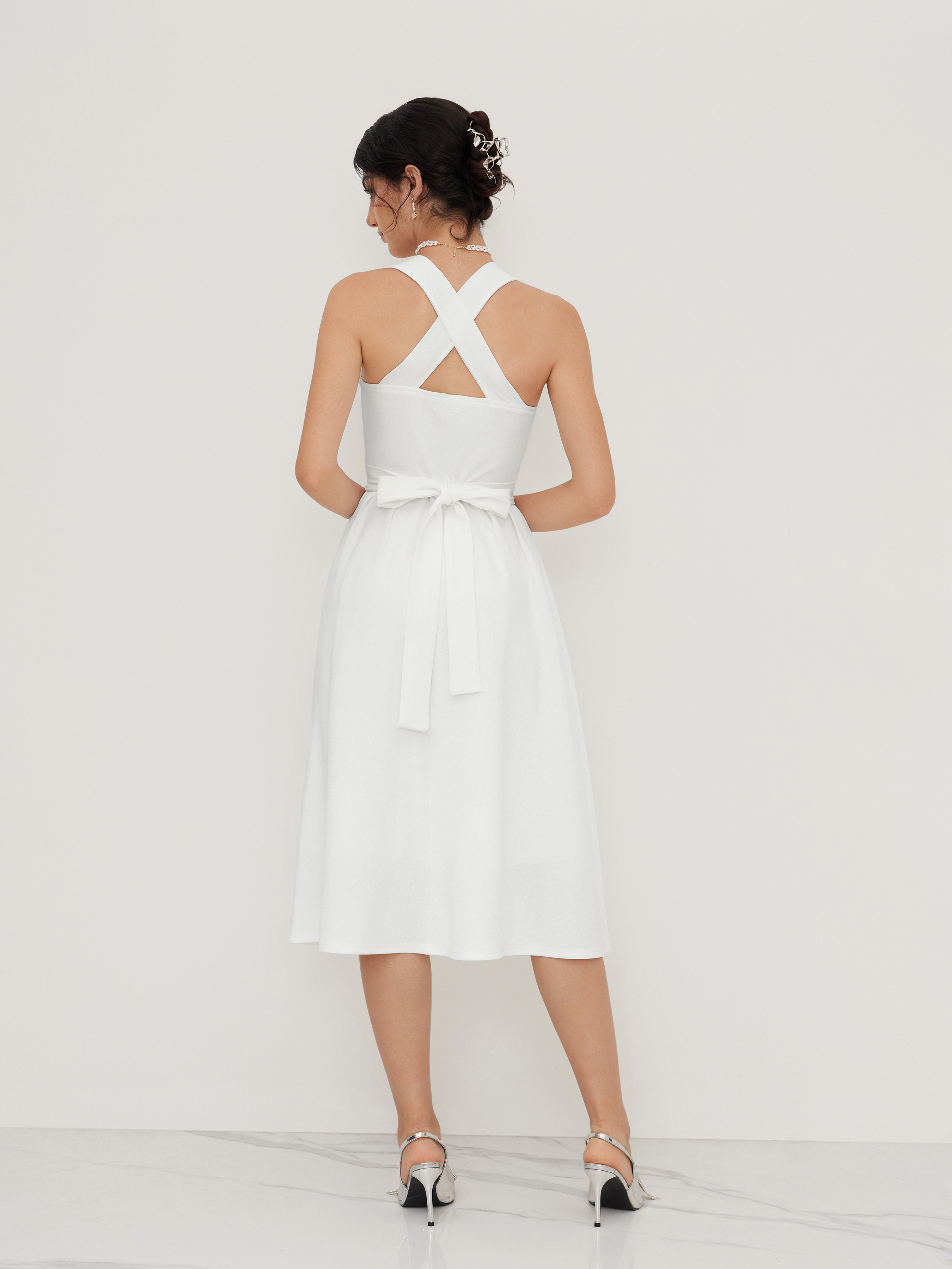 DUNDROP ♥ DD Embroidered square cross neck dress Silky Soft Grad Dress Knit Fabric Square Neck Solid Criss