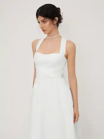 Square Neck Solid Criss Cross Ruffle Midi Dress