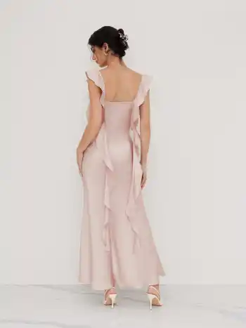 Satin Cowl Neck Solid Ruffle Hem Maxi Dress