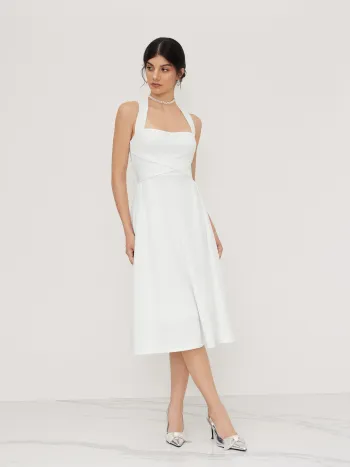 Square Neck Solid Criss Cross Ruffle Midi Dress
