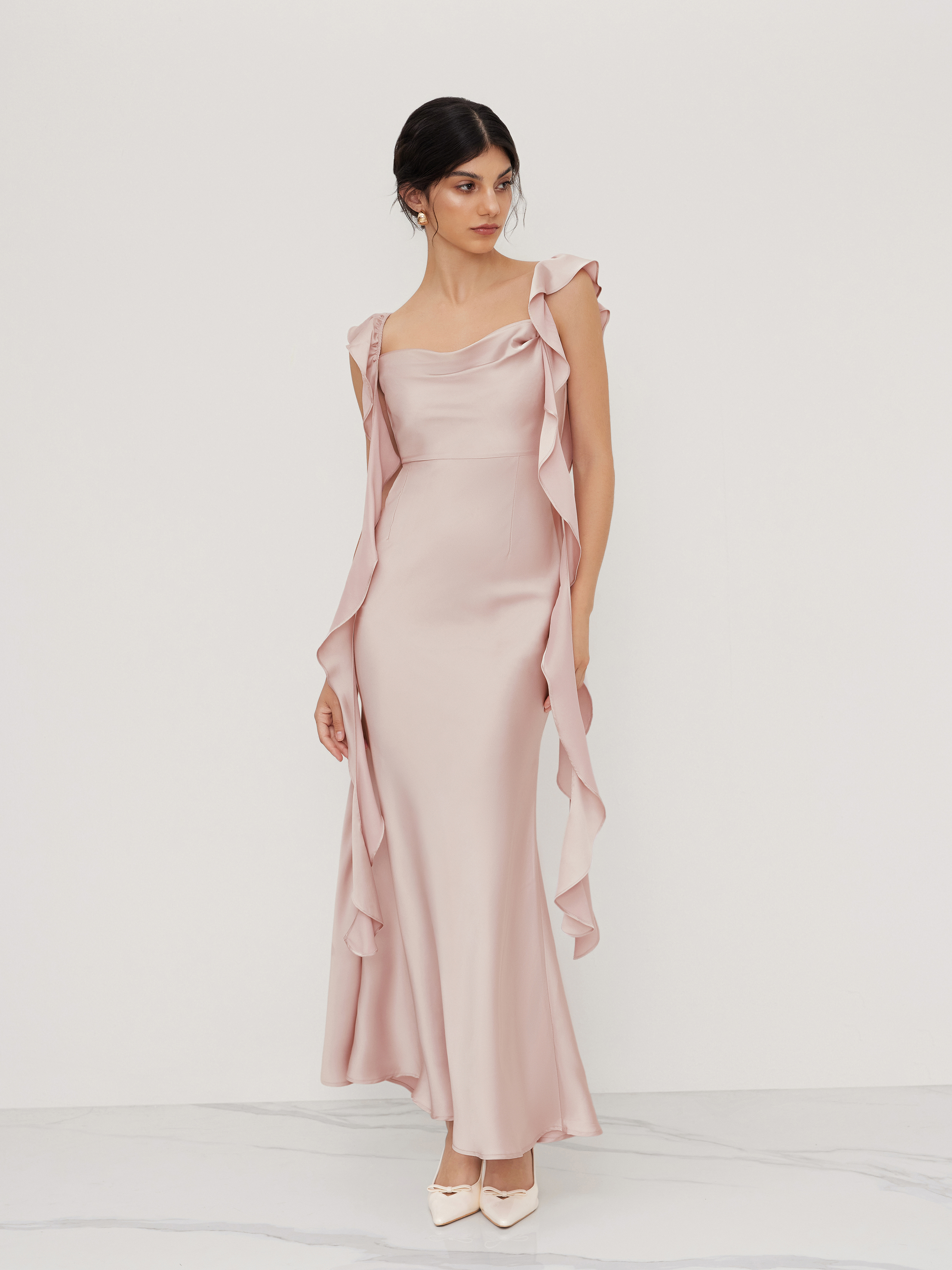 Cider◆ Satin cowl neck ソリッド フリルヘム マキシドレス Formal Dresses Homecoming Dress Hoco Dresses Slim Fit Knit