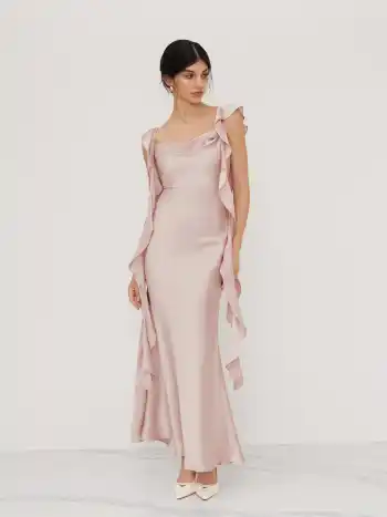 Satin-Cowl-Hals-Einfarbig-Raffelrand-Maxikleid
