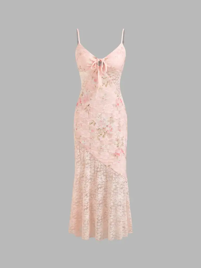 Lace Floral Ruffle Hem Split Maxi Dress