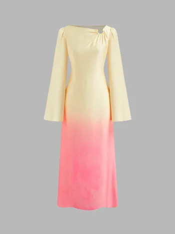 Satin Boat Neck Pierced Gradient Maxi Dress
