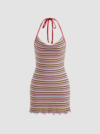 Cotton-blend Cowl Neck Stripe Lettuce Trim Backless Cami Mini Dress