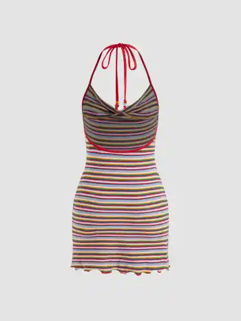 Cotton-blend Cowl Neck Stripe Lettuce Trim Backless Cami Mini Dress