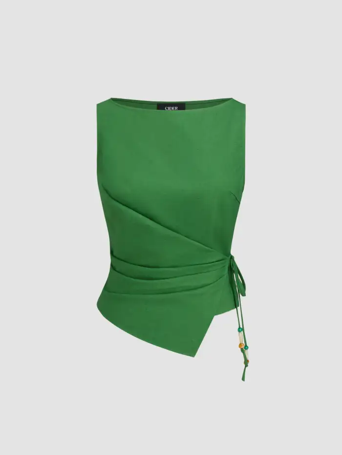 Woven Stand Collar Texture Ruched Knotted Tank Top For Work