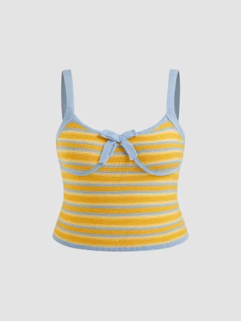 Knit Sweetheart Contrasting Binding Stripe Bowknot Cami Top Curve & Plus