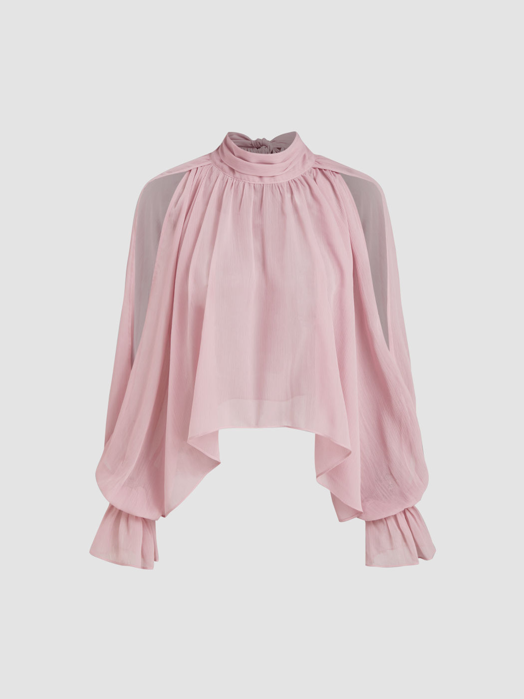 Chiffon High Neck Split Lantern Sleeve Asymmetrical Hem Oversized Knotted Blouse