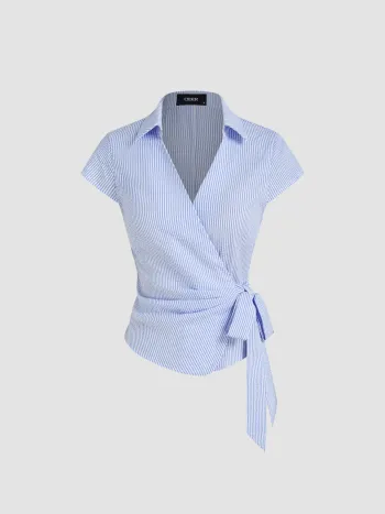 Baumwollmischung Polo-Hals Streifen Gebundene Bluse