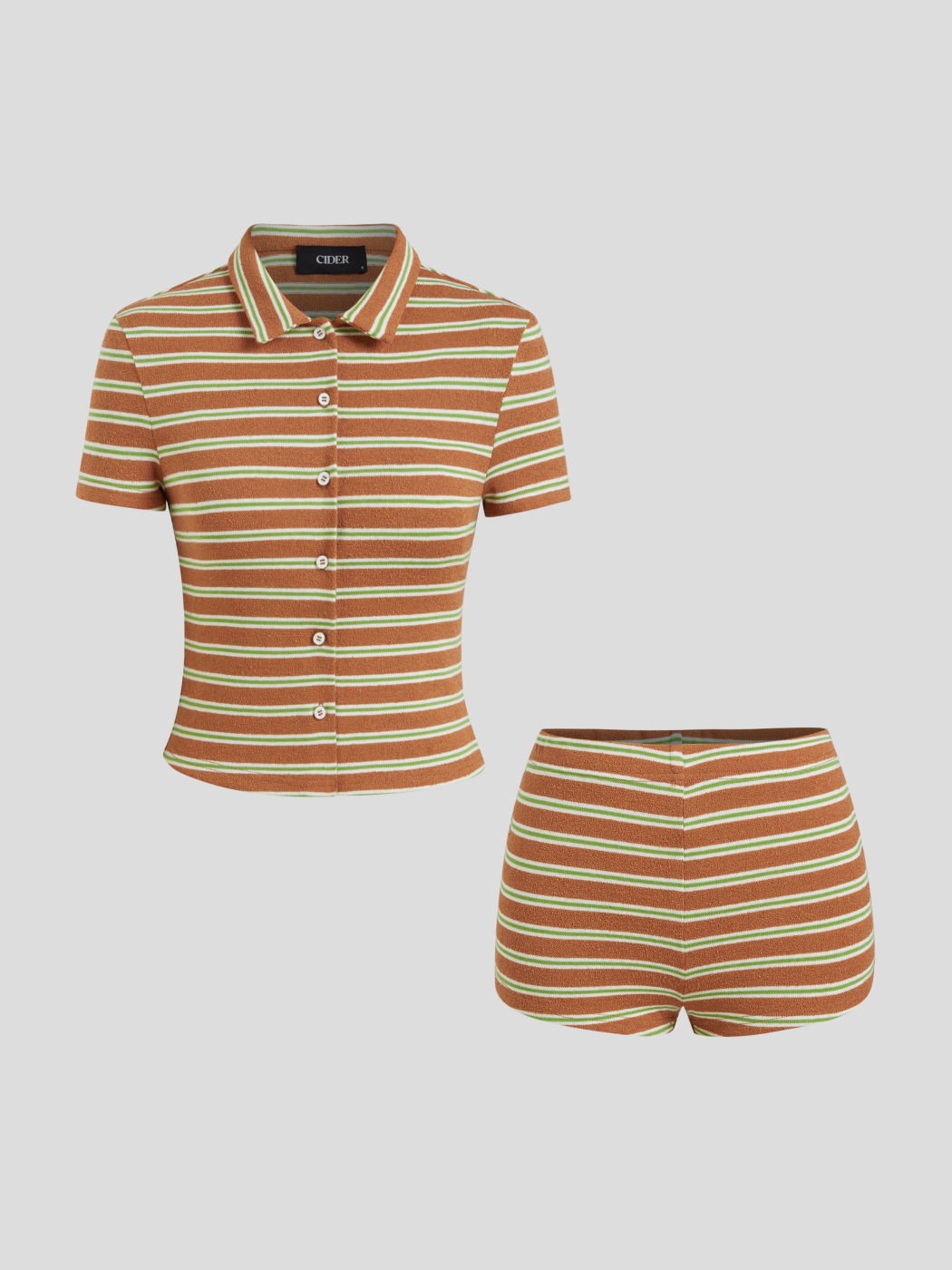 Terry Polo Neck Stripe Button Top & Legging Micro Shorts Set