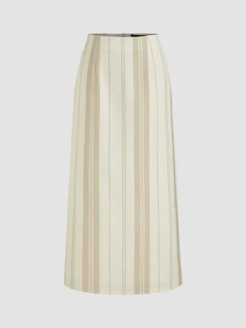 Leinen-Mischung Mittelhöhe Streifen Split A-Linie Maxi-Skirt