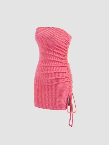 Terry Stripe Drawstring Ruched Bandeau Mini Dress