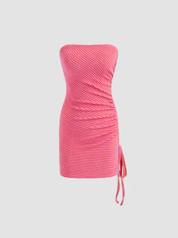 Terry Stripe Drawstring Ruched Bandeau Mini Dress