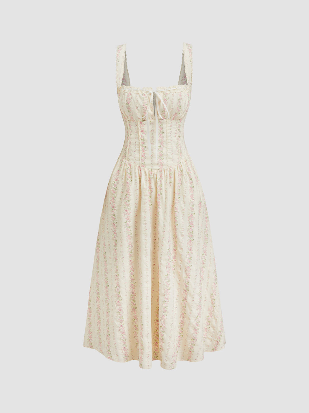 Cotton-blend Square Neck Ditsy Floral Knotted Shirred Midi Dress
