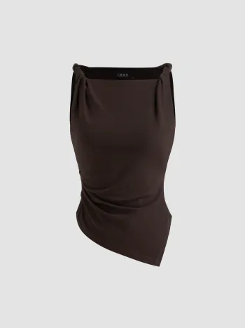 Jersey Boat Neck Asymmetrical Hem Ruched Tank Top
