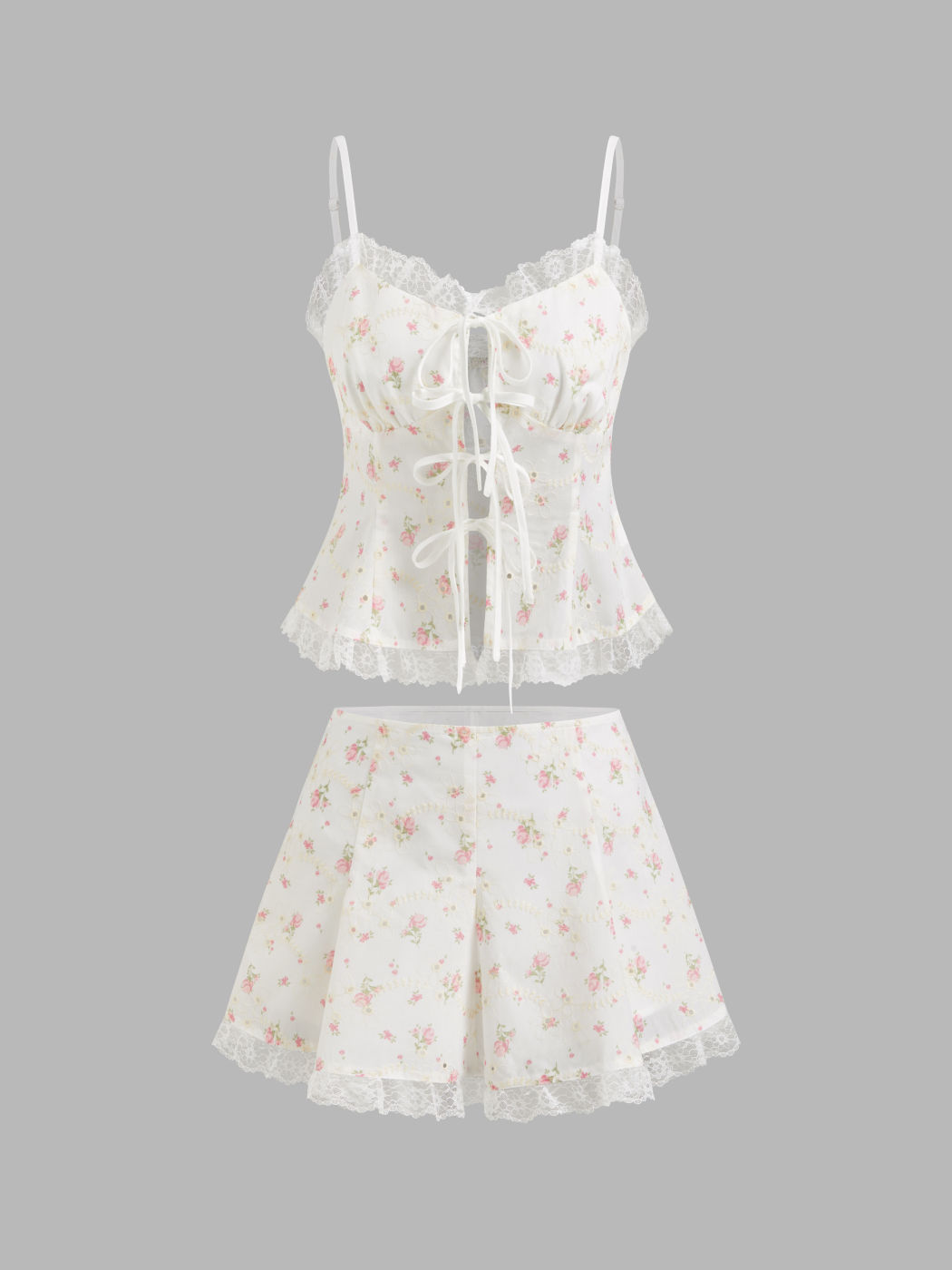 Sweetheart Floral Embroidery Tie Front Lace Trim Cami Top & Ruffle Shorts Set