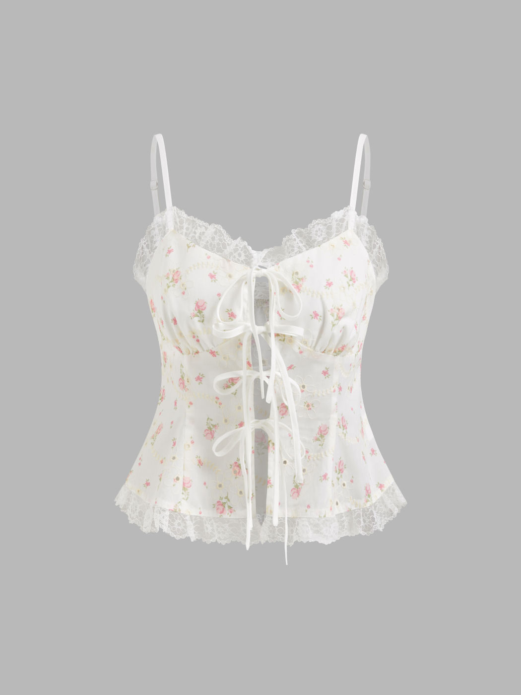 Sweetheart Floral Embroidery Tie Front Lace Trim Cami Top & Ruffle Shorts Set