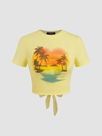 Cotton-blend Sunset Coconut Tree Backless Knotted Crop Tee