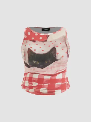 Cotton-blend Cat Graphic Gingham Ruched Tank Top Curve & Plus
