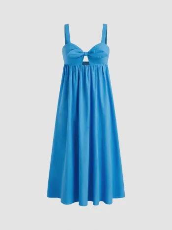 100% Cotton Sweetheart Bowknot Cut Out Shirred Maxi Dress