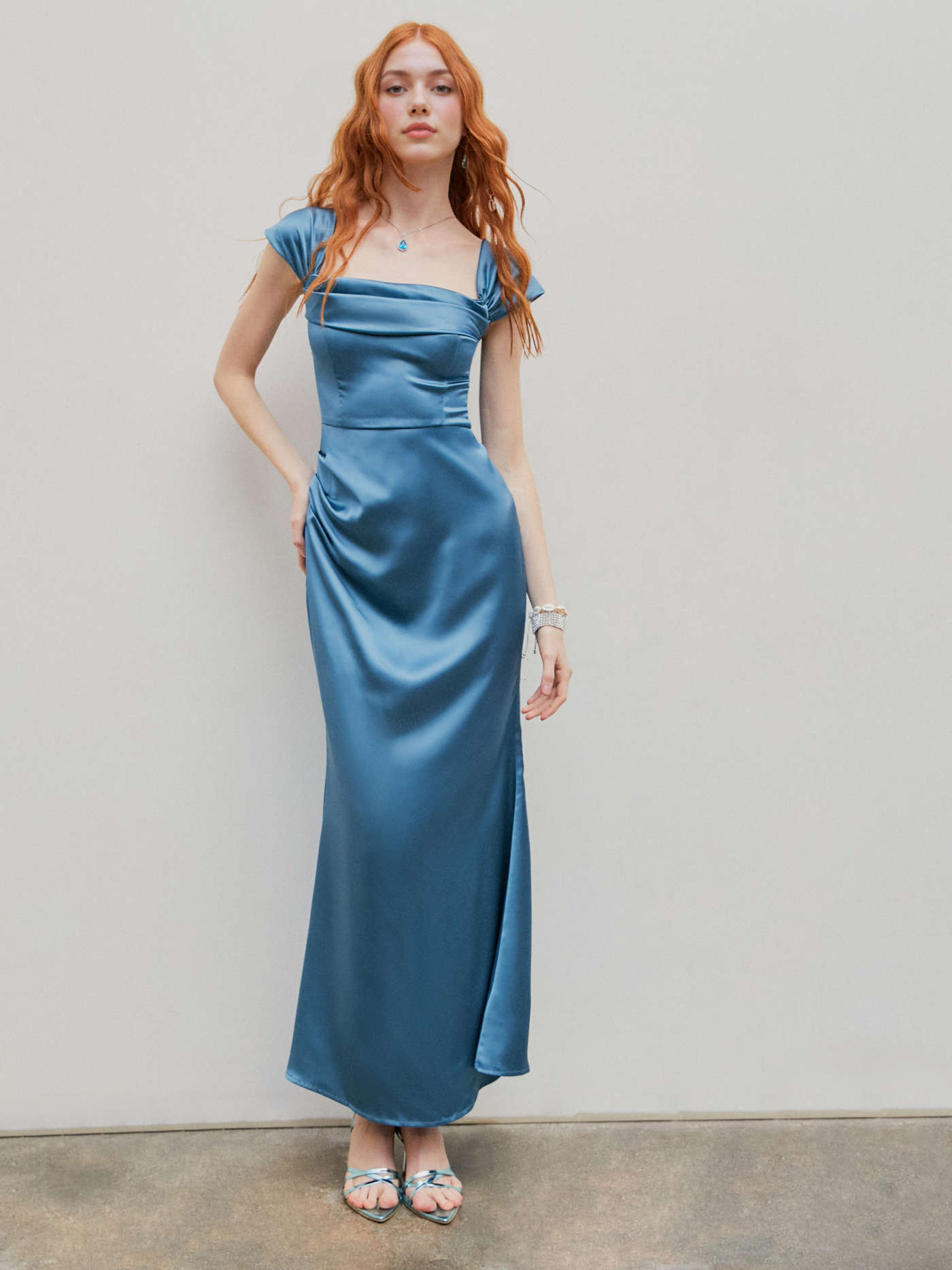 Ruched Off-shoulder Satin Maxi Dress