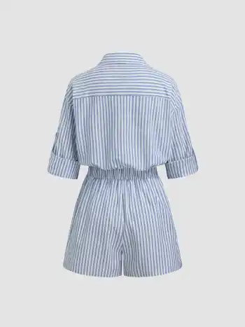 Baumwollmischung Polo-Hals Streifen elastische Taille geknoteter Strampler