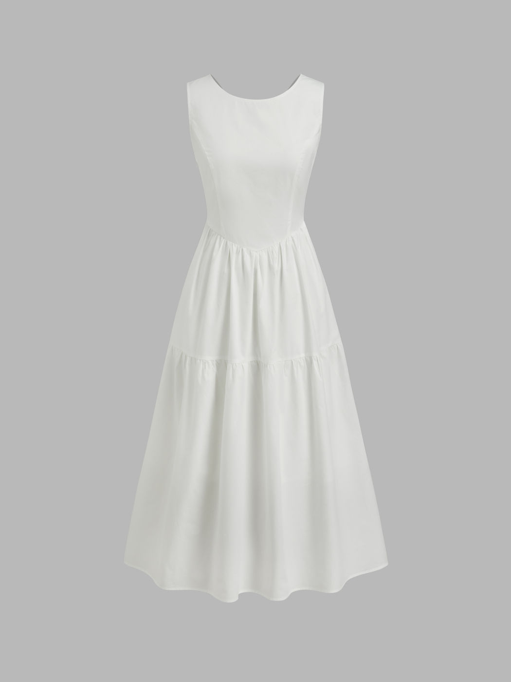 Cotton Round Neckline Drawstring Cut Out Midi Dress