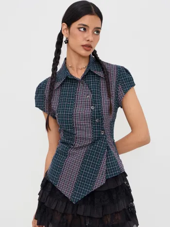 100% Baumwolle asymmetrisches Knopfshirt in zwei Tönen mit Flicken