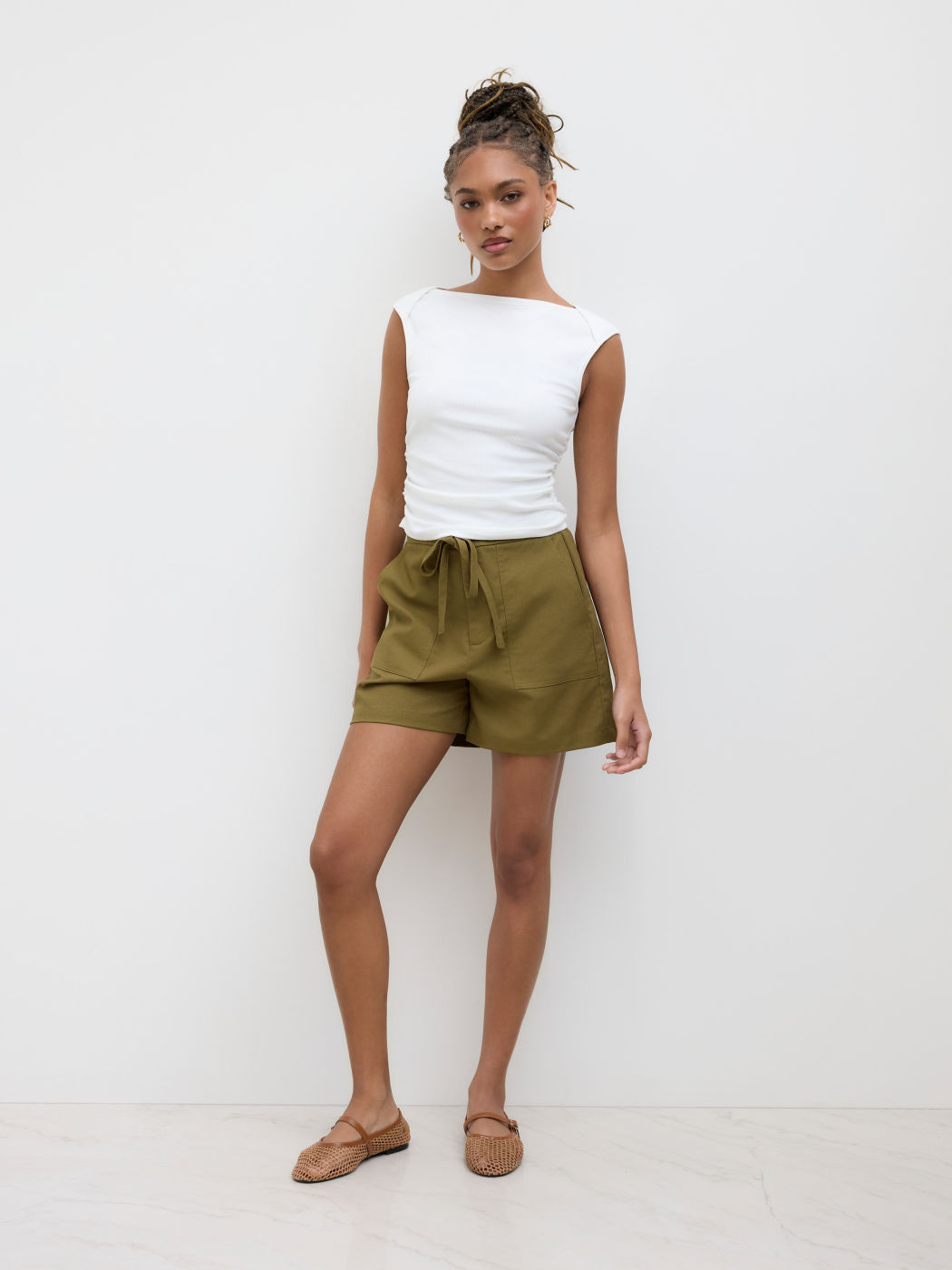 Linen-blend Mid Rise Drawstring Shorts
