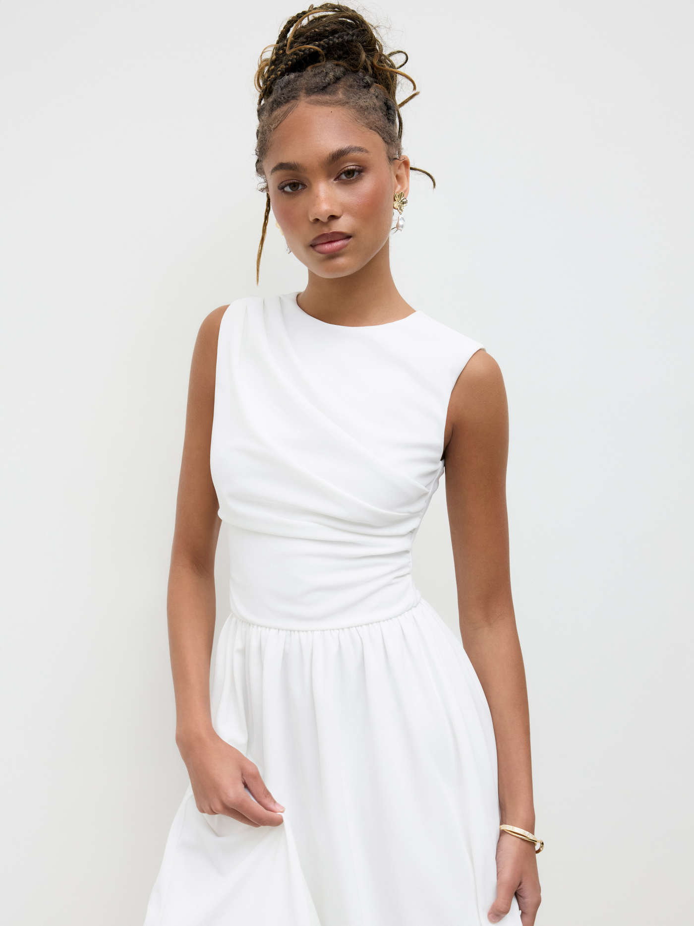 Woven Round Neckline Ruched Maxi Dress For Daily Casual
